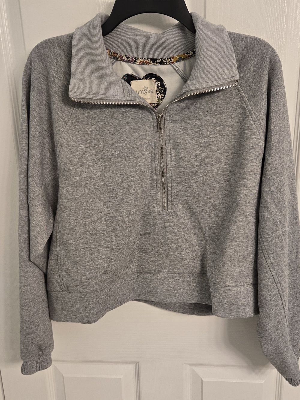 Umgee Gray Boho Half-Zip Ctopped Sweatshirt Pullover Boxy Knit Size L